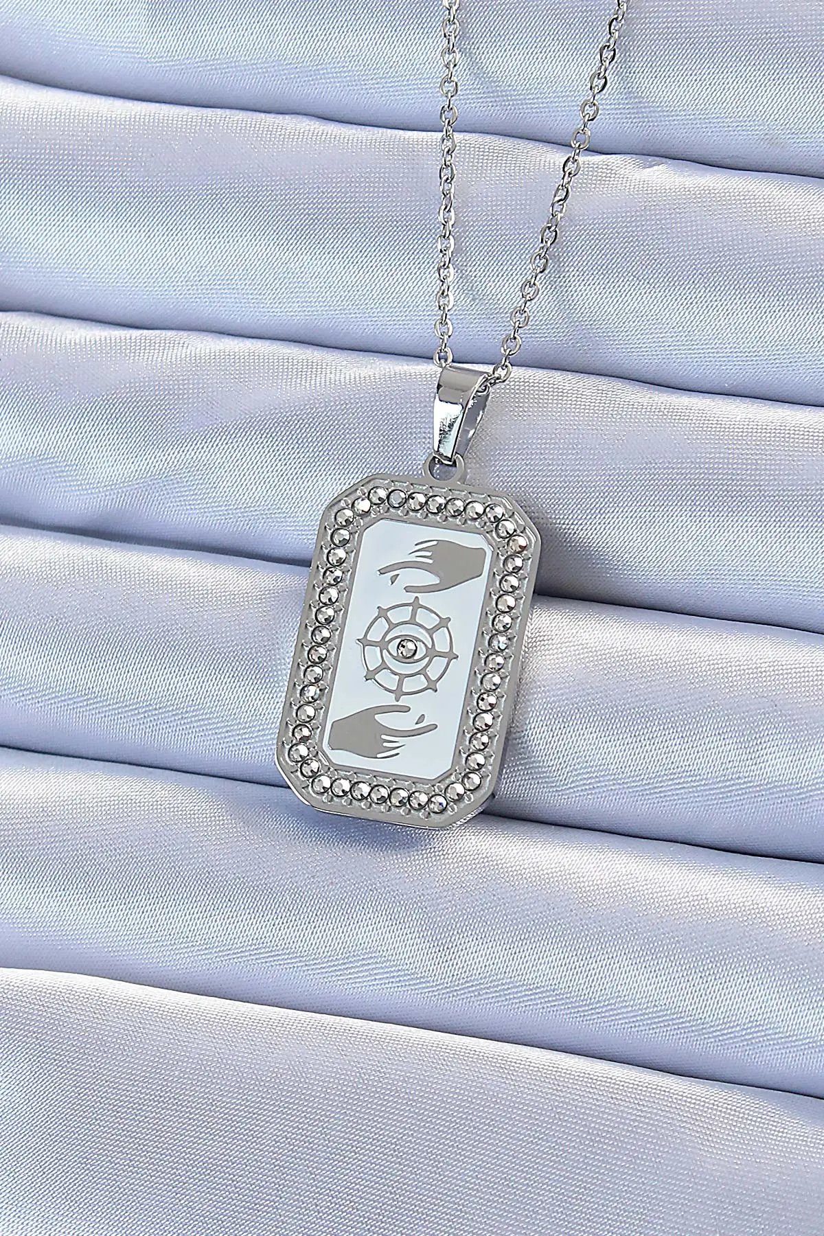 316L Çelik Zincir Gümüş Renk Mineli Zirkon Taşlı Göz Figür Tarot Kolye TJ-BKO9216