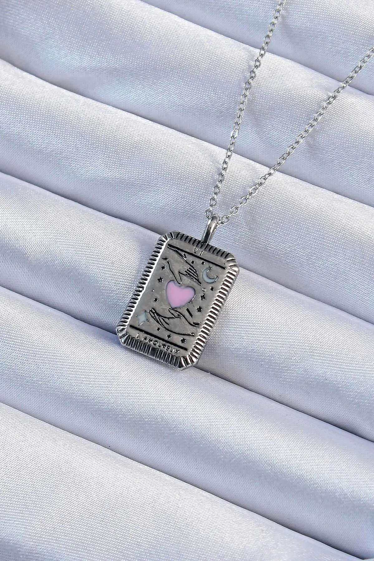 316L Çelik Zincir Eskitme Gümüş Renk Pembe Mineli Kalp Figürlü Tarot Kolye TJ-BKO9232
