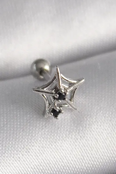 316L Çelik Gümüş Renk Siyah Zirkon Taş Detay Örümcek Ağ Model Tragus Piercing TJ-PR1293