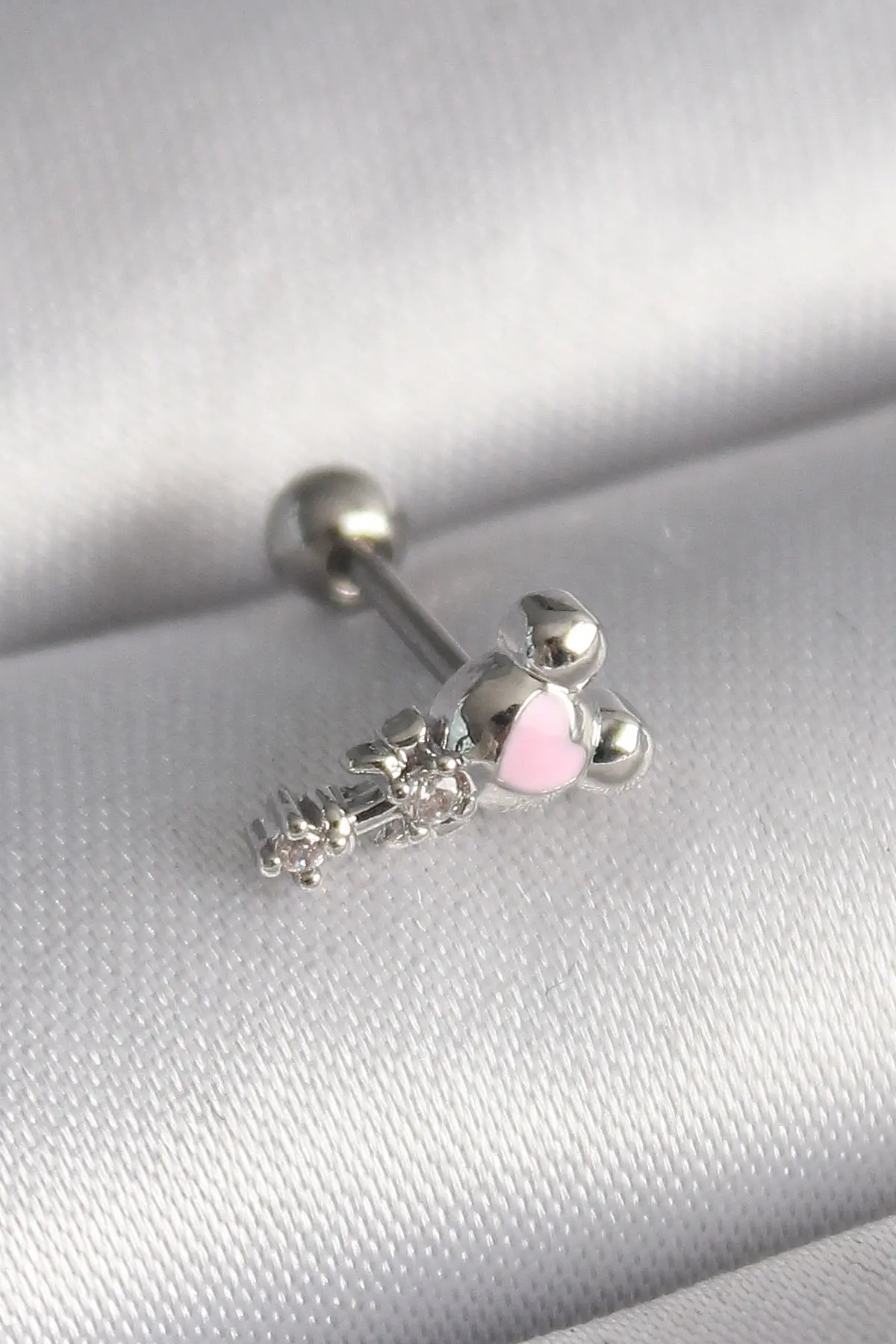 316L Çelik Gümüş Renk Zirkon Taş Detay Pembe Kalp İşleme Tragus Piercing TJ-PR1281