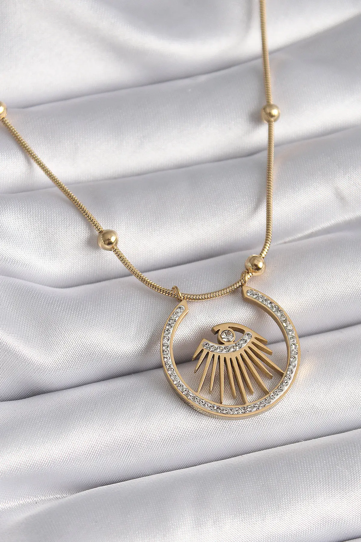 316L Çelik Gold Renk Zirkon Taşlı Göz Model Kadın Kolye TJ-BKO9404