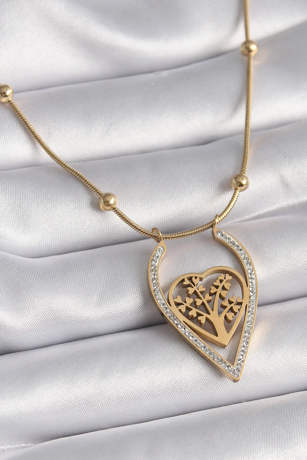 316L Çelik Gold Renk Zirkon Taşlı Detaylı Kalp Fidan Model Kadın Kolye TJ-BKO9405