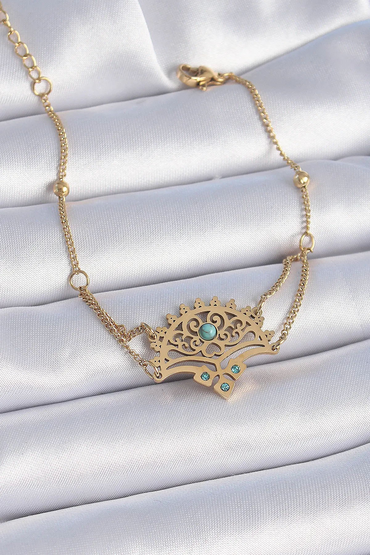316L Çelik Gold Renk Mavi Taşlı Etnik Desen Kadın Bileklik TJ-BB6437