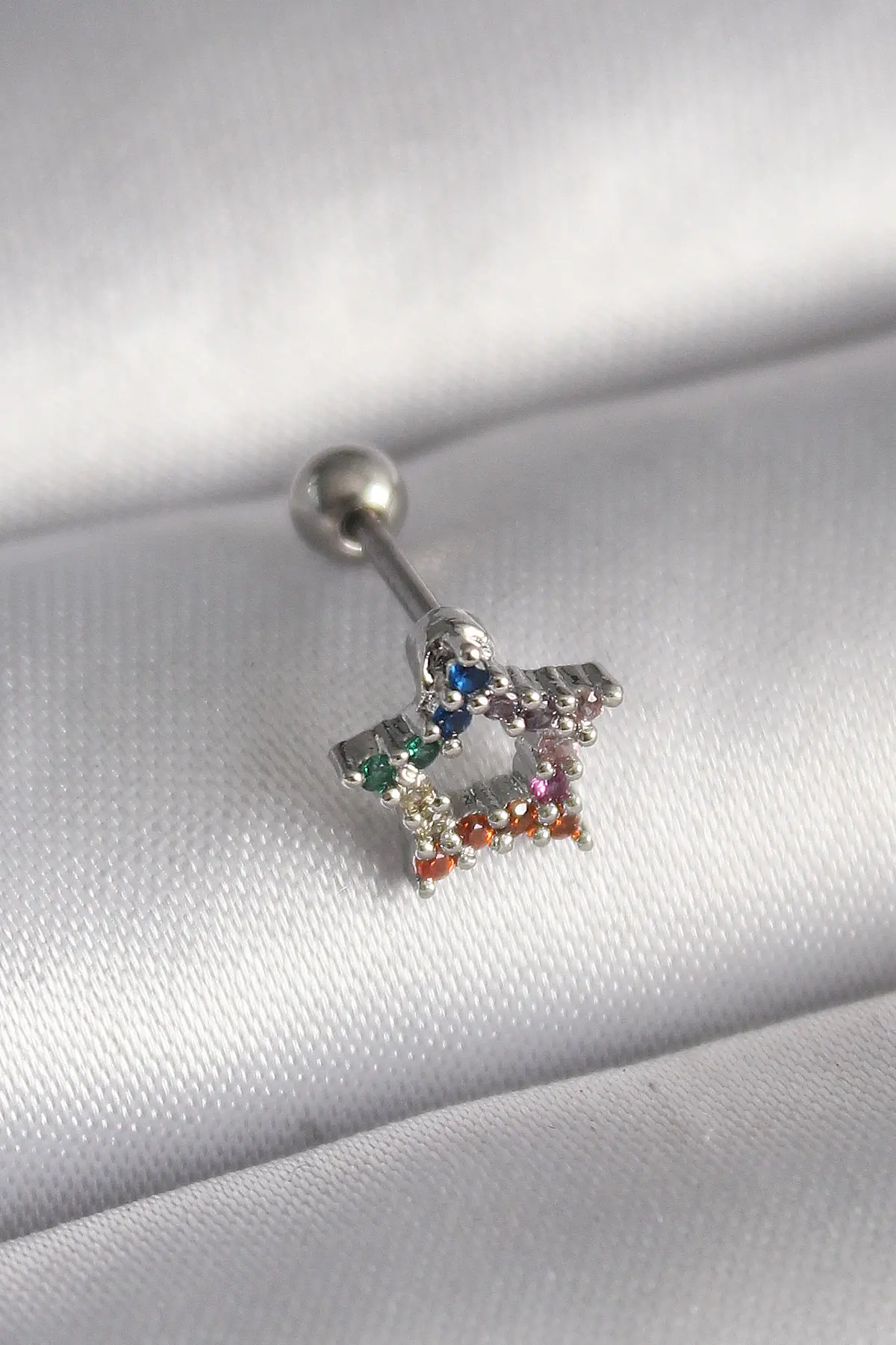 316L Çelik Gümüş Renk Renkli Zirkon Taşlı Yıldız Model Tragus Piercing TJ-PR1355