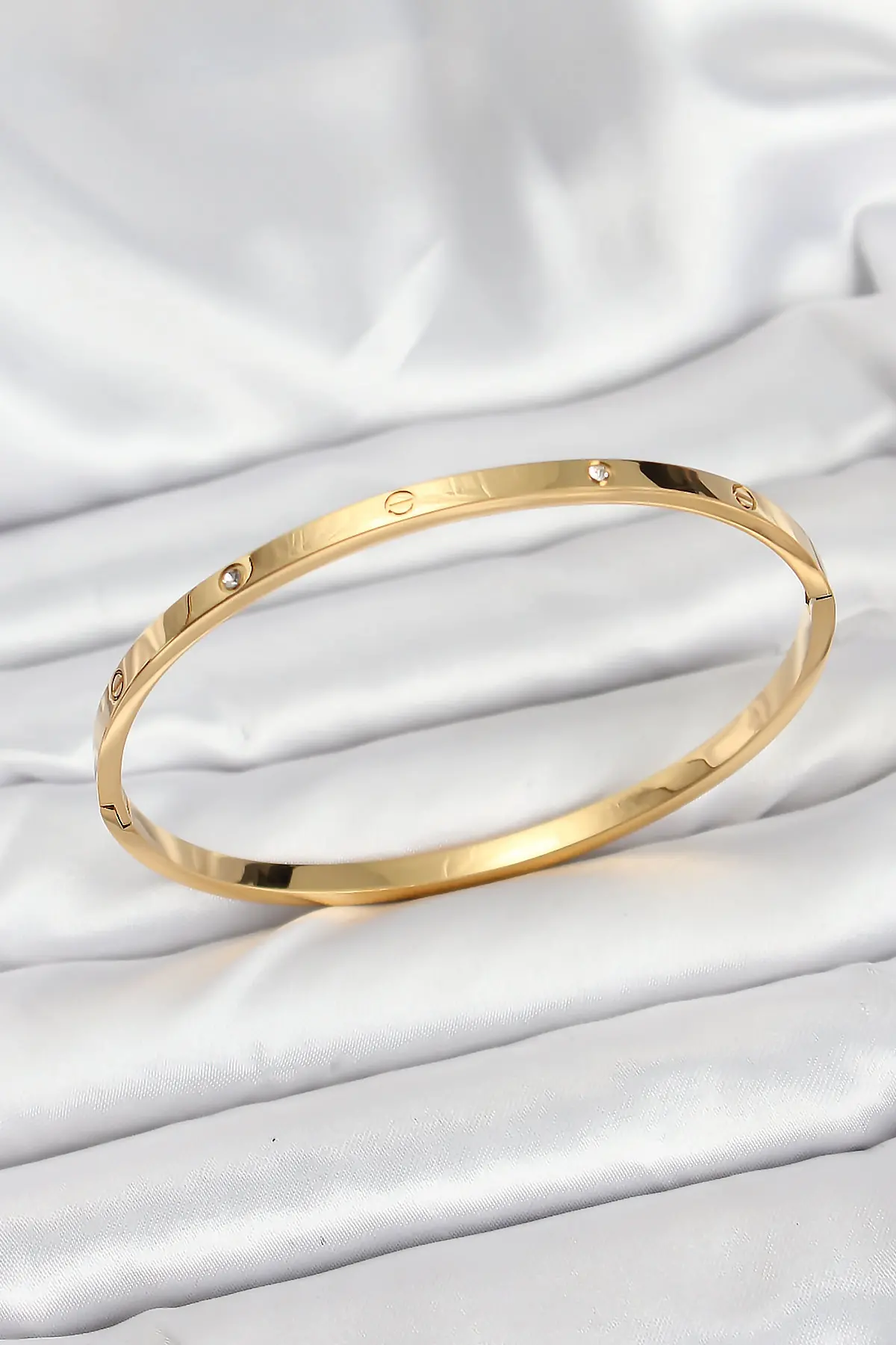 316L Çelik Gold Renk Zirkon Taşlı 65 mm İnce Kadın Kelepçe Bileklik TJ-BB7914