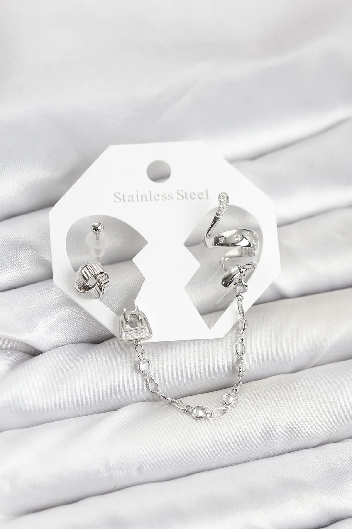 Pirinç Gümüş Renk Yılan Model Zincir Bağlantılı Ear Cuff Küpe Seti TJ-BKP11533