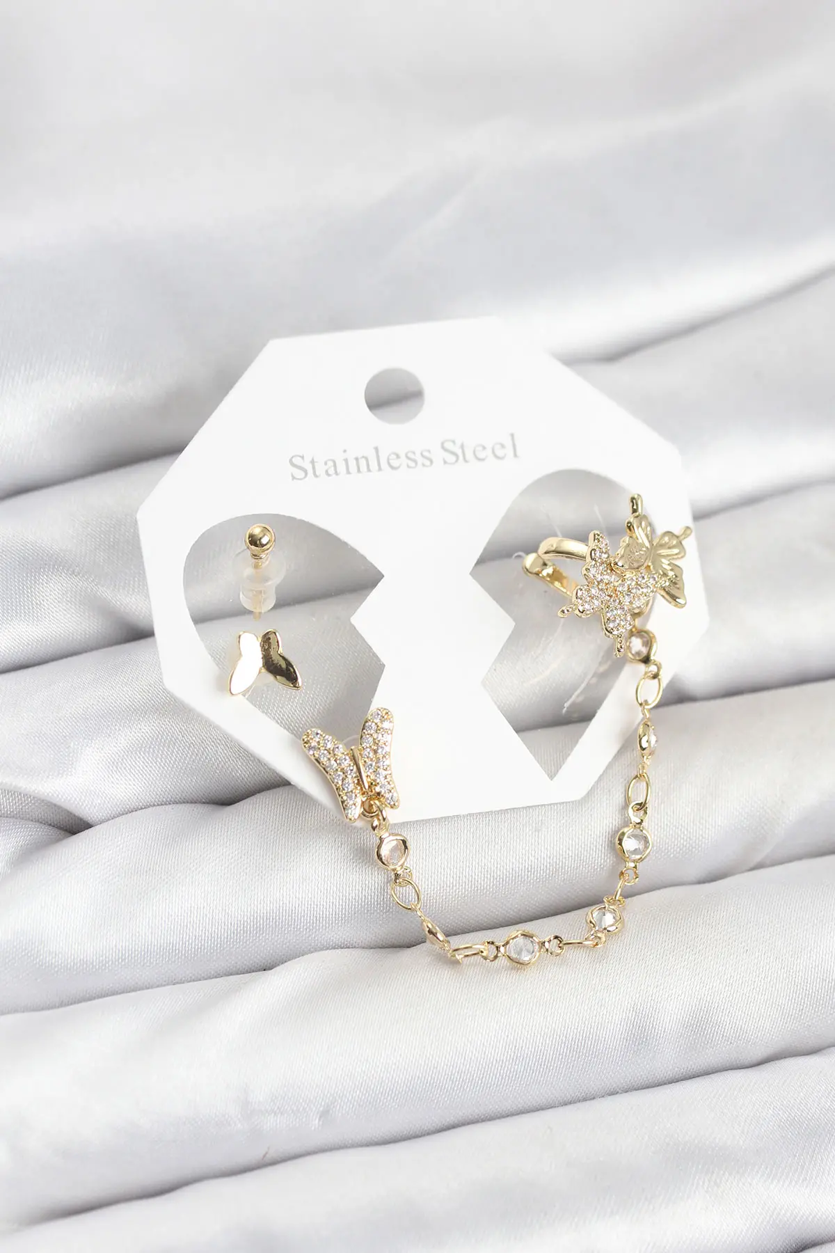 Pirinç Gold Renk Model Zincir Bağlantılı Ear Cuff Küpe Seti TJ-BKP11534