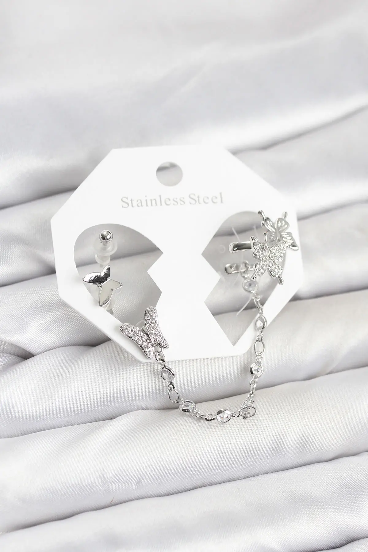 Pirinç Gümüş Renk Model Zincir Bağlantılı Ear Cuff Küpe Seti TJ-BKP11535
