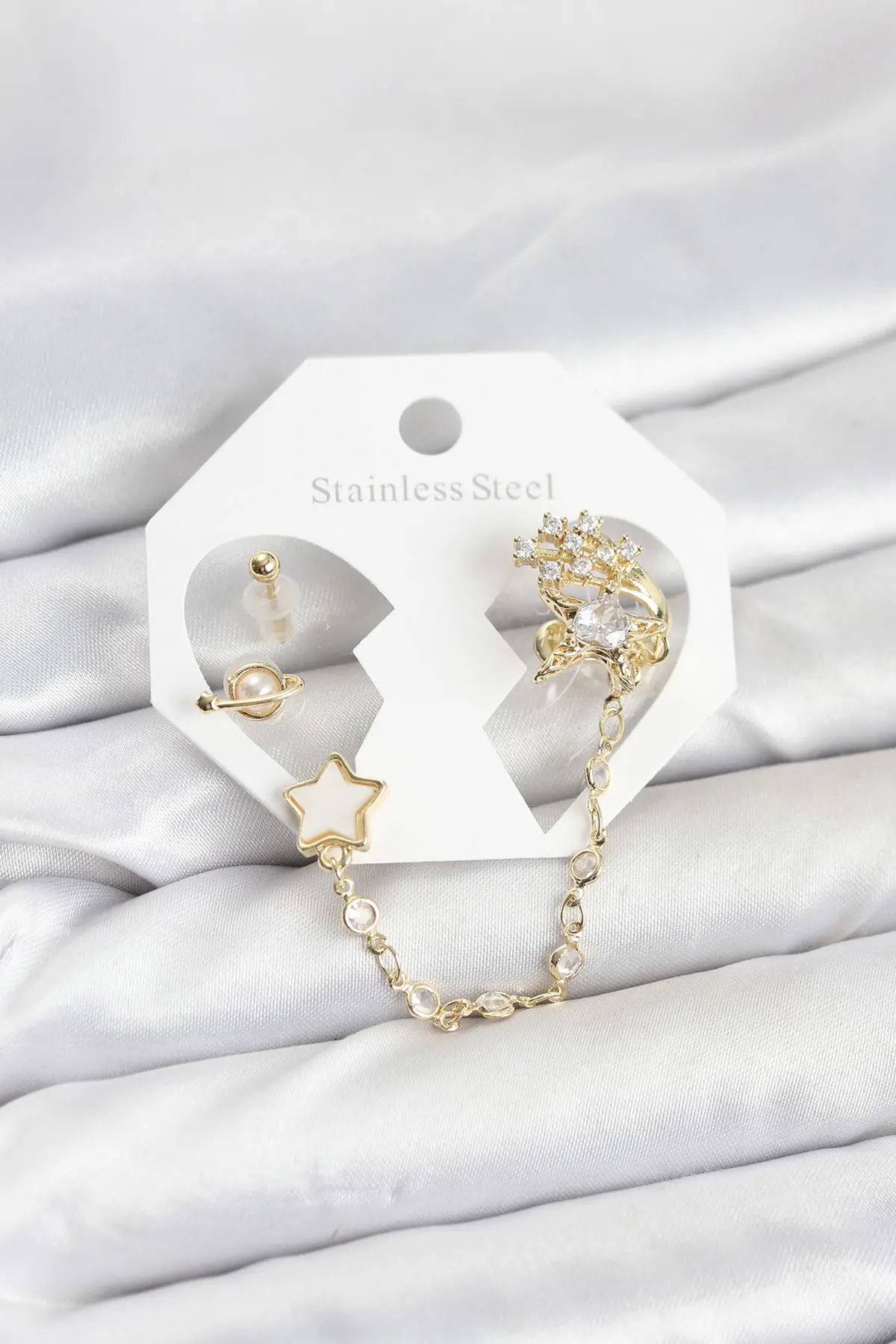 Pirinç Gold Renk Yıldız Model Zincir Bağlantılı Ear Cuff Küpe Seti TJ-BKP11538