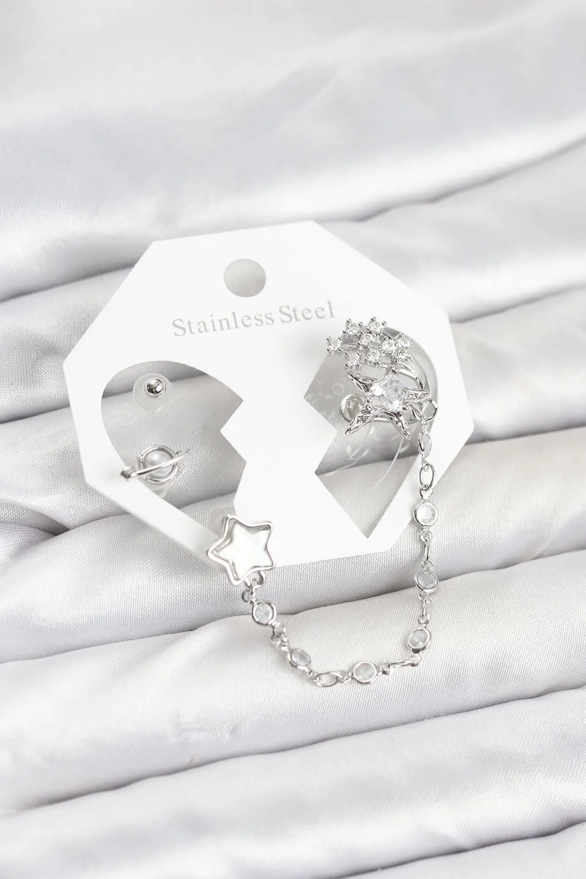 Pirinç Gümüş Renk Yıldız Model Zincir Bağlantılı Ear Cuff Küpe Seti TJ-BKP11539