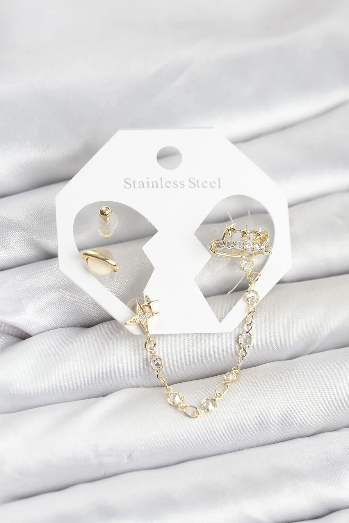 Pirinç Gold Renk Uzay Model Zincir Bağlantılı Ear Cuff Küpe Seti TJ-BKP11542