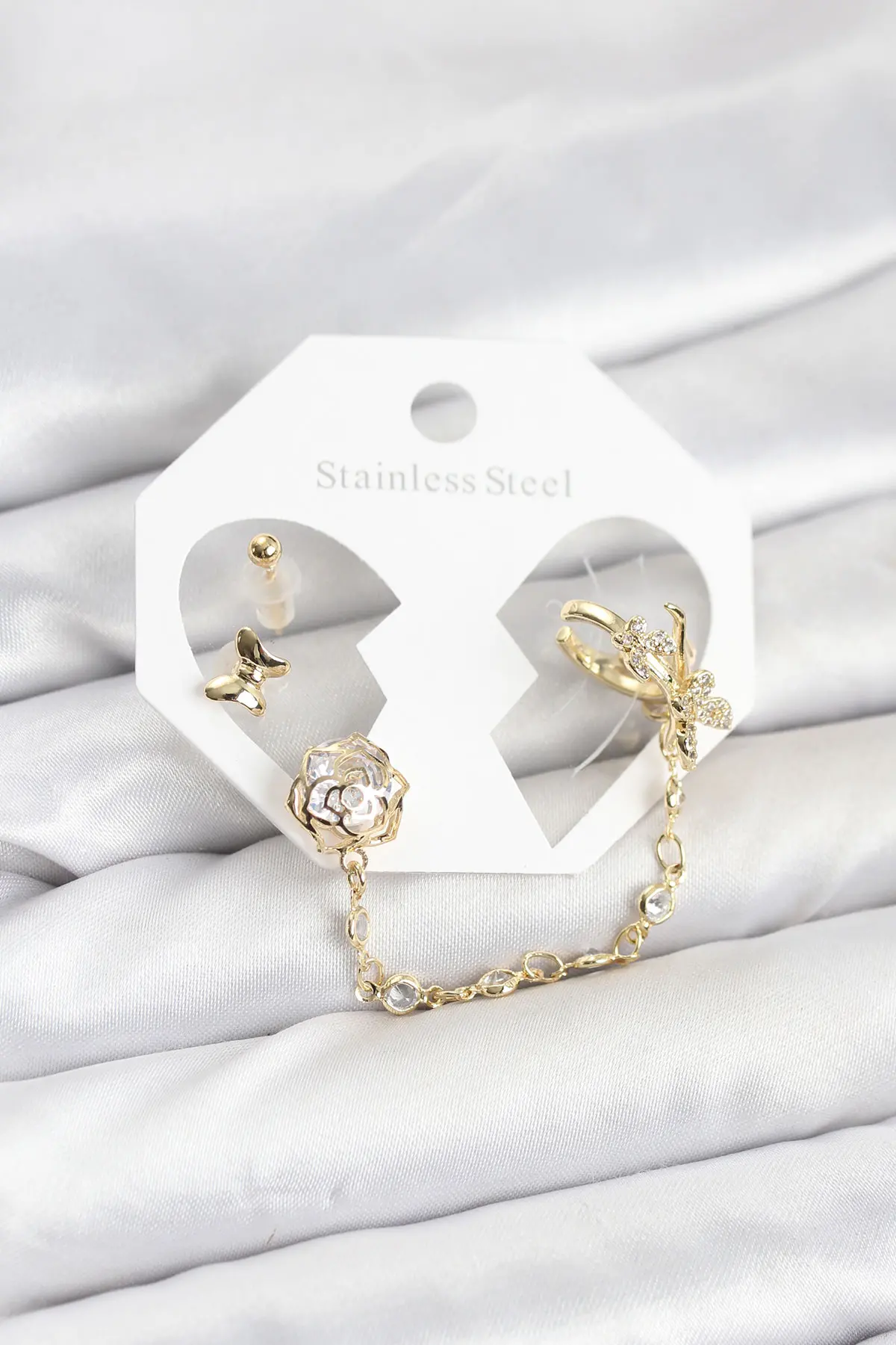 Pirinç Gold Renk Kelebekli Model Zincir Bağlantılı Ear Cuff Küpe Seti TJ-BKP11543