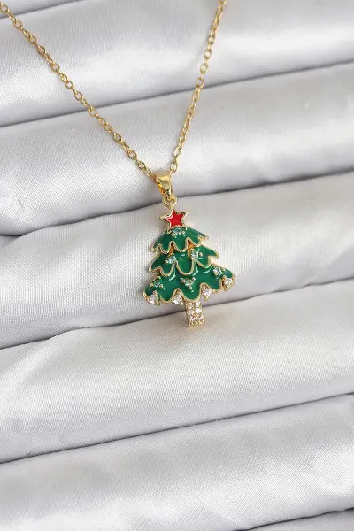 316L Çelik Zincir Gold Renk Çam Ağacı Model Yılbaşı Temalı Kadın Kolye TJ-BKO10720