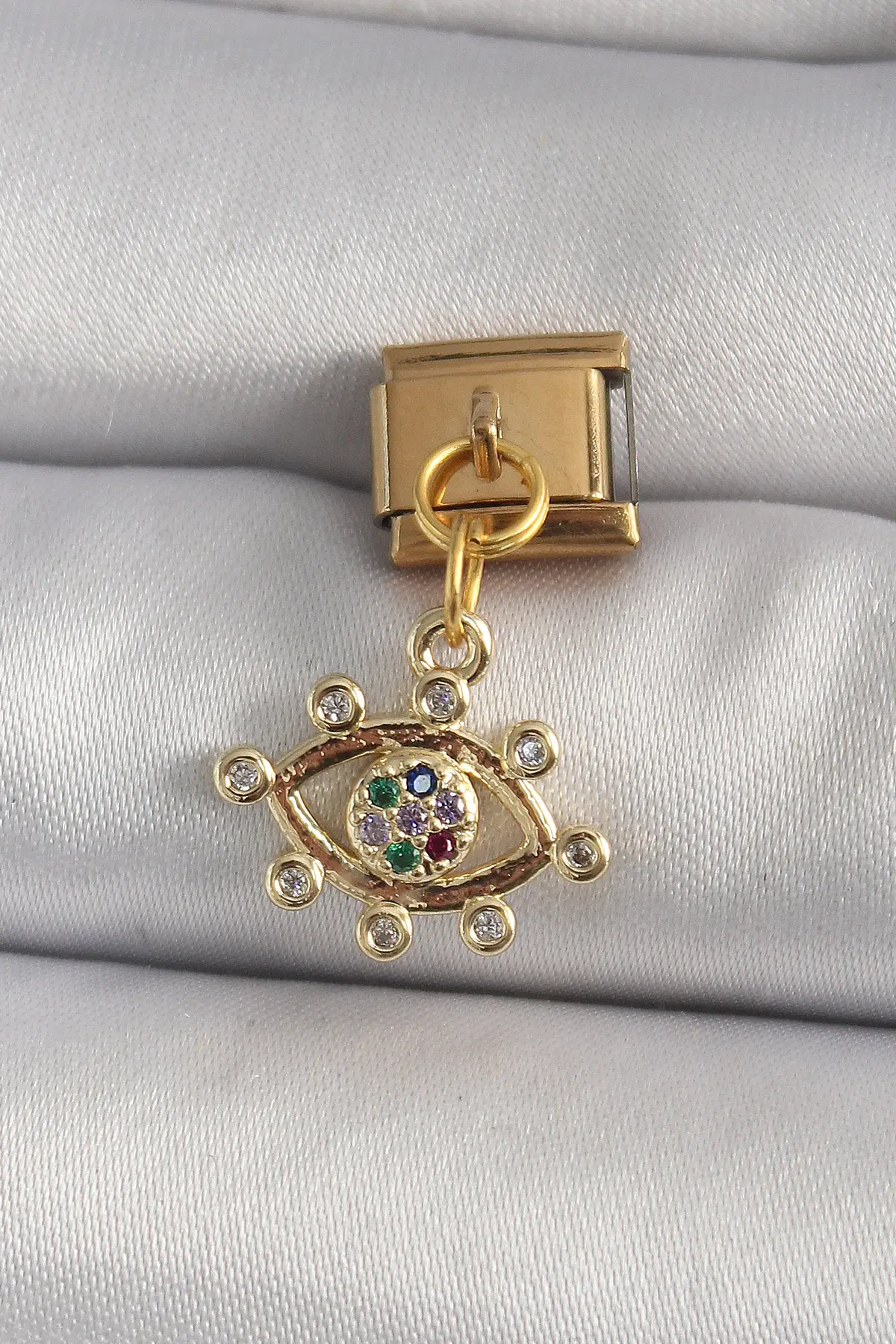 316L Çelik Gold Renk Sallantı Zirkon Taşlı Göz Model Nomination Charm TJ-BC1195