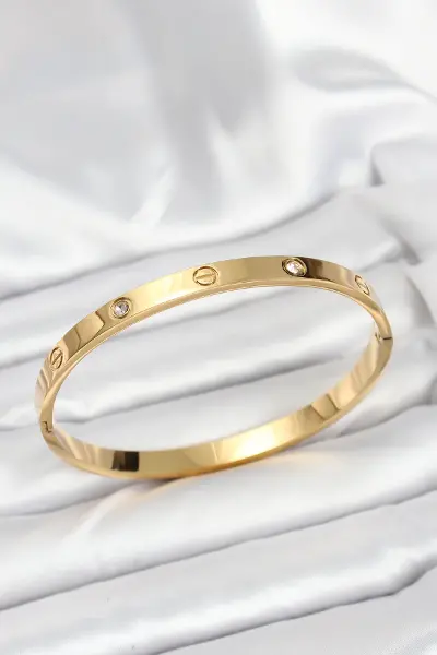 316L Çelik Gold Renk Zirkon Taşlı 65 mm Kadın Kelepçe Bileklik TJ-BB7911