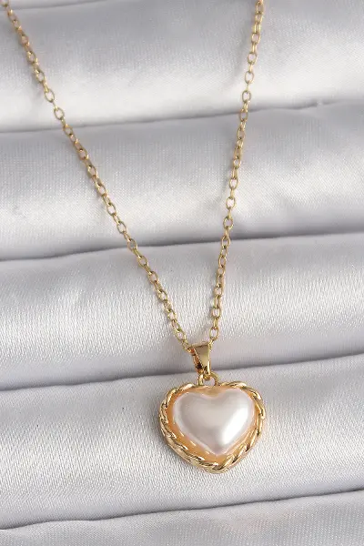 316L Çelik Gold Renk Zincir 3D İnci Kalp Model Kadın Kolye TJ-BKO9713