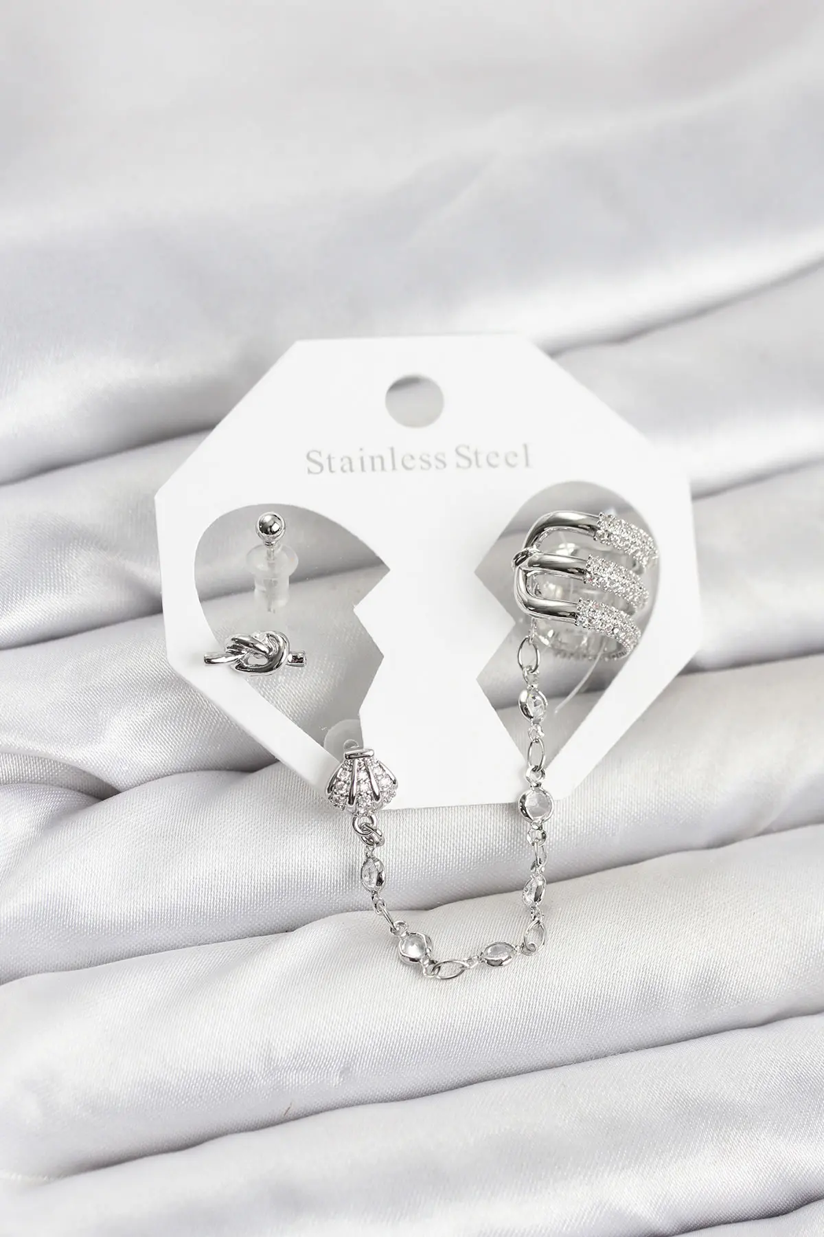 Pirinç Gümüş Renk Sarmal Model Zincir Bağlantılı Ear Cuff Küpe Seti TJ-BKP11537