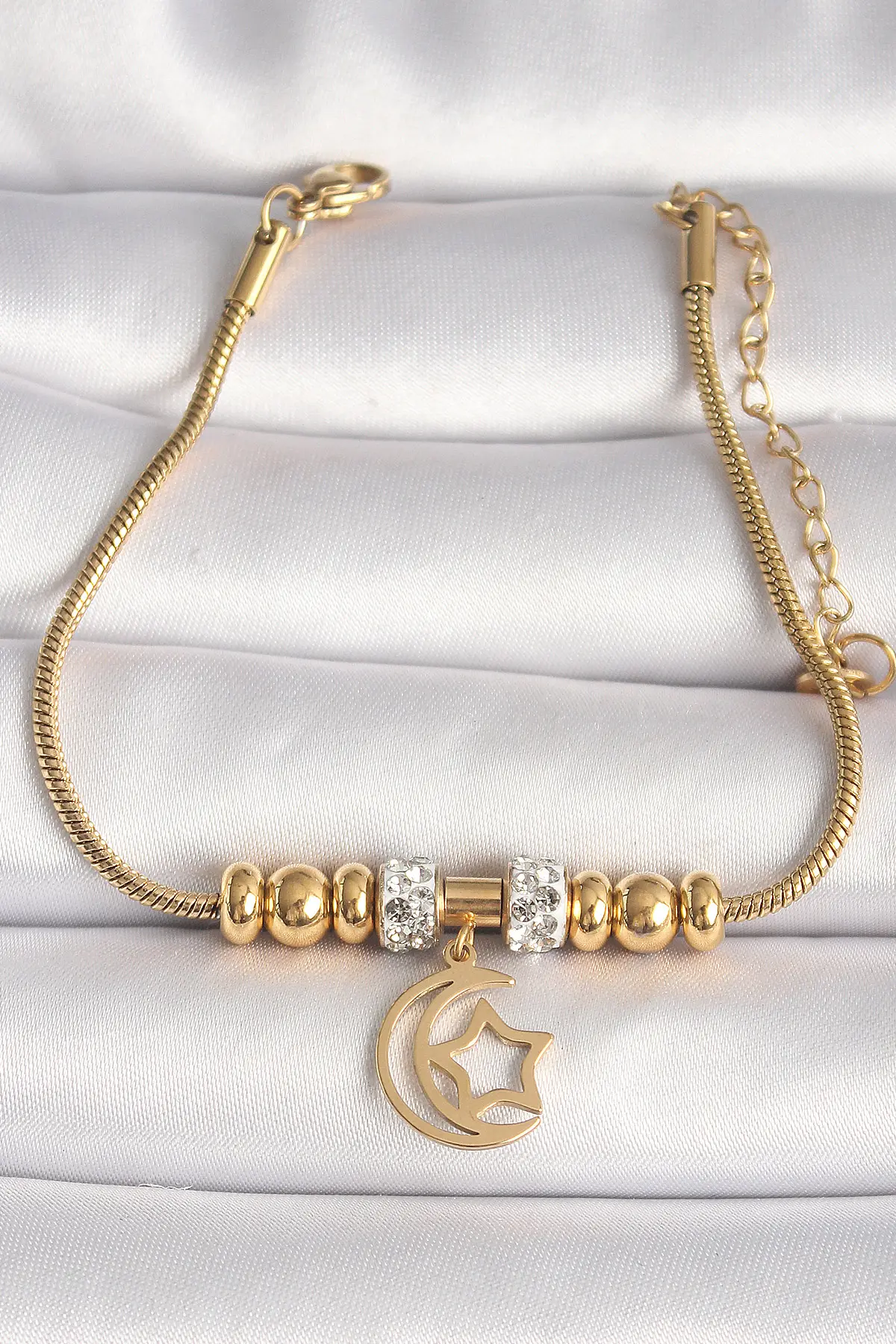 316L Çelik Gold Renk Tüp Zincir Zirkon Taş Detaylı Sallantı Ay Yıldız Figür Kadın Bileklik TJ-BB6759