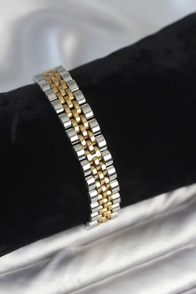 316L Çelik 12 mm Kalınlıkta Gold ve Gümüş Renkli Erkek Bileklik TJ-EB3778