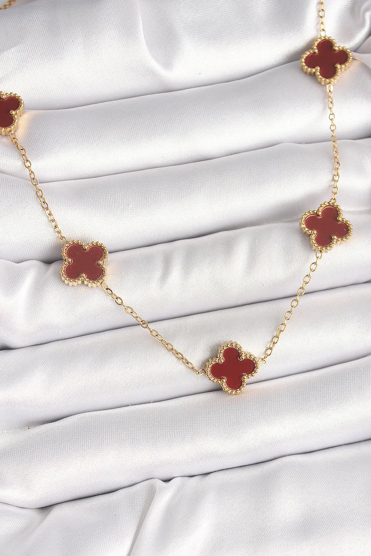316L Çelik Gold Renk Zincir Bordo Yonca Model Kadın Kolye TJ-BKO9926