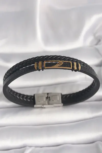 316L Çelik Gold Renk Kanat Aksesuarlı Siyah Burgu Model Deri Kordon Erkek Bileklik TJ-EB3703