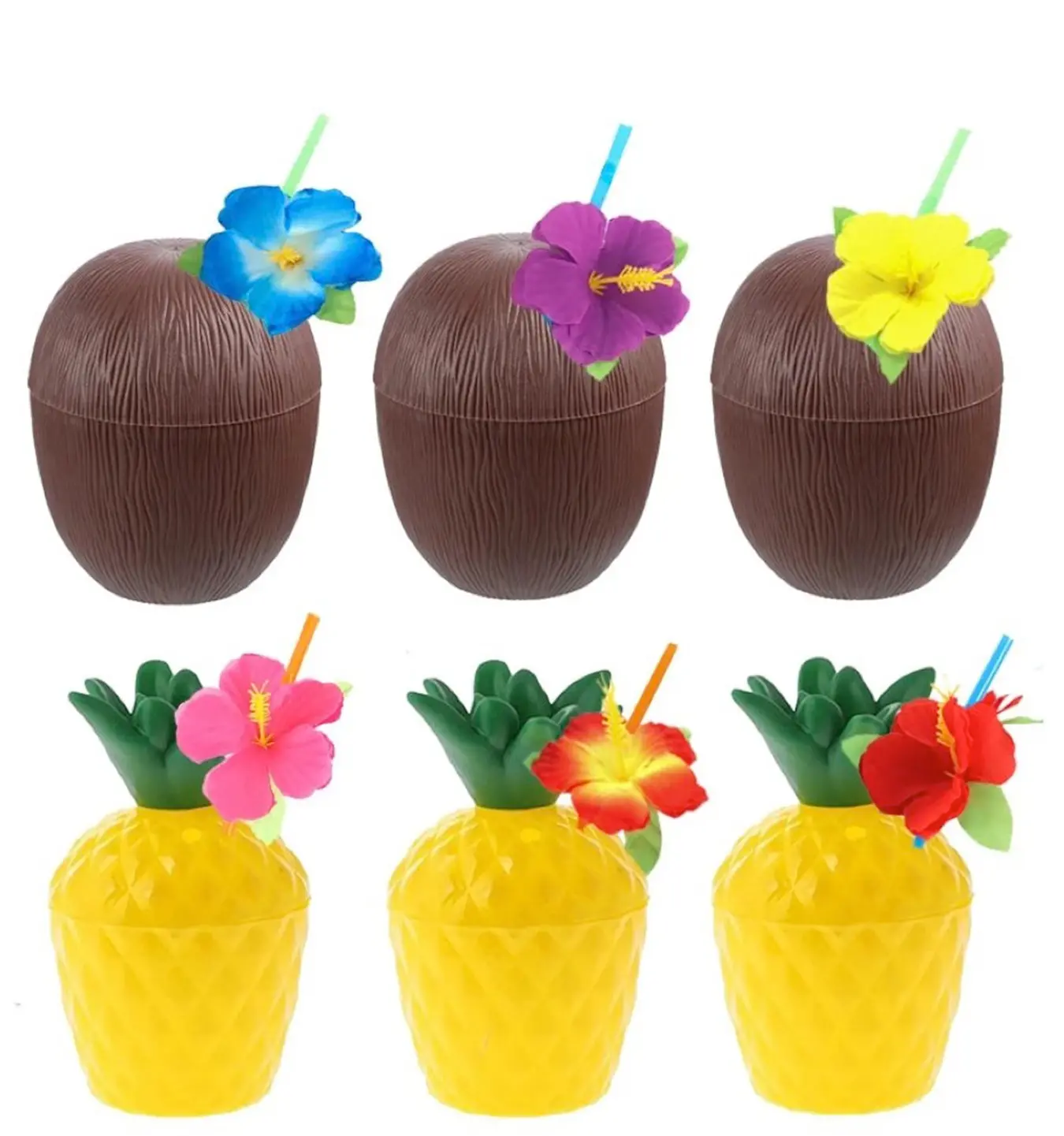 Ananas &amp; Hindistan Cevizi Tasarımlı Pipetli Bardak Seti (6 Adet)