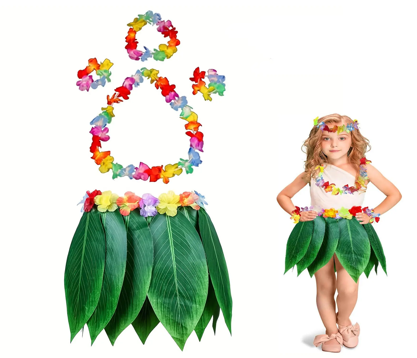 Çocuk Hawaii Kostüm Seti - Yaprak Etek &amp; Hawaii Set - 5 Parça