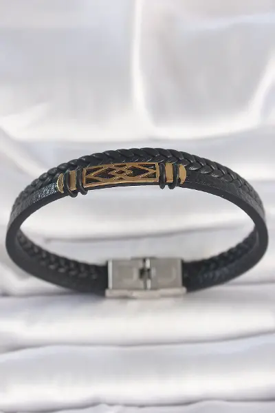 316L Çelik Gold Renk Aksesuarlı Çift Sıra Siyah Burgu Desenli Deri Kordon Erkek Bileklik TJ-EB3710