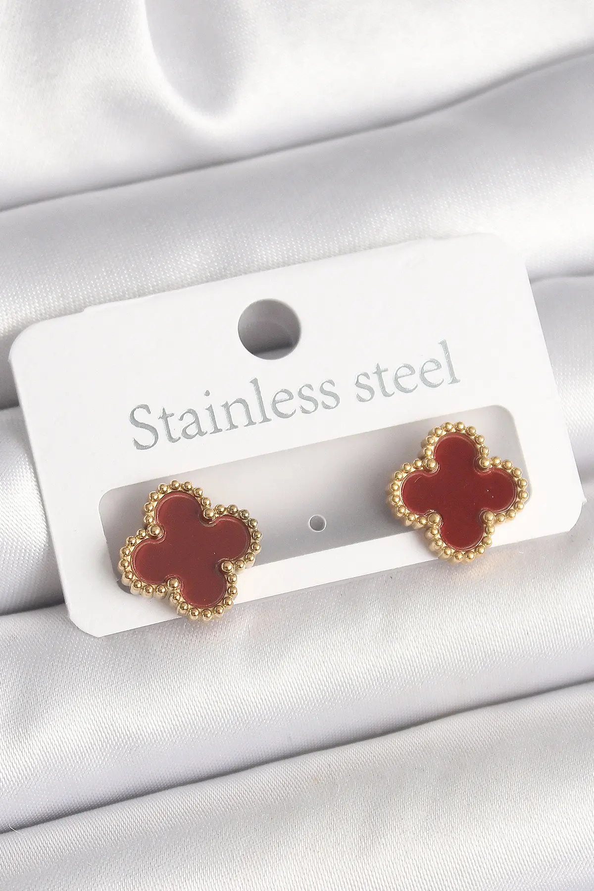 Pirinç Gold Renk Bordo Yonca Model Kadın Küpe TJ-BKP10360