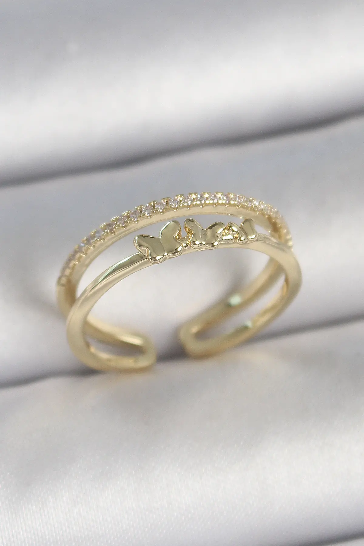 Pirinç Gold Renk 2'Li Sıra Zirkon Taş Detaylı Figürlü Ayarlanabilir Model Kadın Yüzük TJ-BYK3733