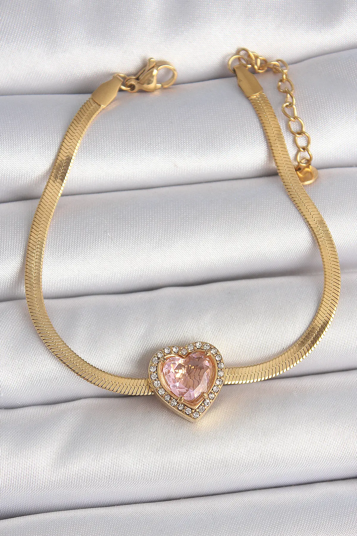 316L Çelik Gold Renk İtalyan Zincir Pembe Zirkon Taşlı Kalp Model Kadın Bileklik TJ-BB6952