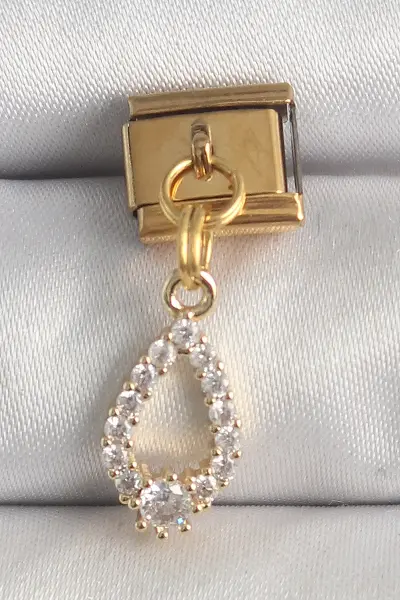 316L Çelik Gold Renk Sallantı Zirkon Taşlı Damla Model Nomination Charm TJ-BC1372