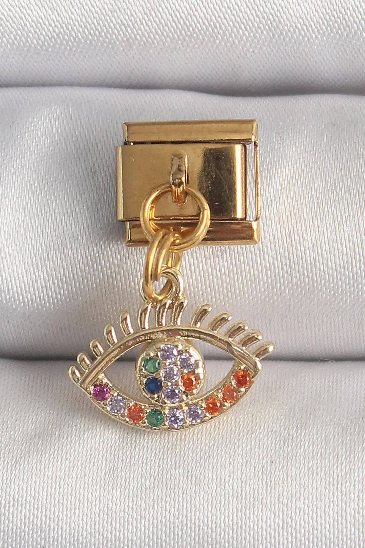 316L Çelik Gold Renk Sallantı Renkli Zirkon Taşlı Göz Model Nomination Charm TJ-BC1343
