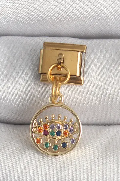 316L Çelik Gold Renk Sallantı Renkli Zirkon Taşlı Göz Model Nomination Charm TJ-BC1346