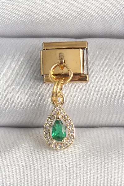 316L Çelik Gold Renk Sallantı Damla Yeşil Zirkon Taşlı Nomination Charm TJ-BC1349
