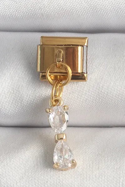 316L Çelik Gold Renk Sallantı Zirkon Taşlı Kurdele Model Nomination Charm TJ-BC1351