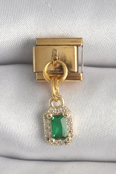 316L Çelik Gold Renk Sallantı Kare Yeşil Zirkon Taşlı Nomination Charm TJ-BC1352
