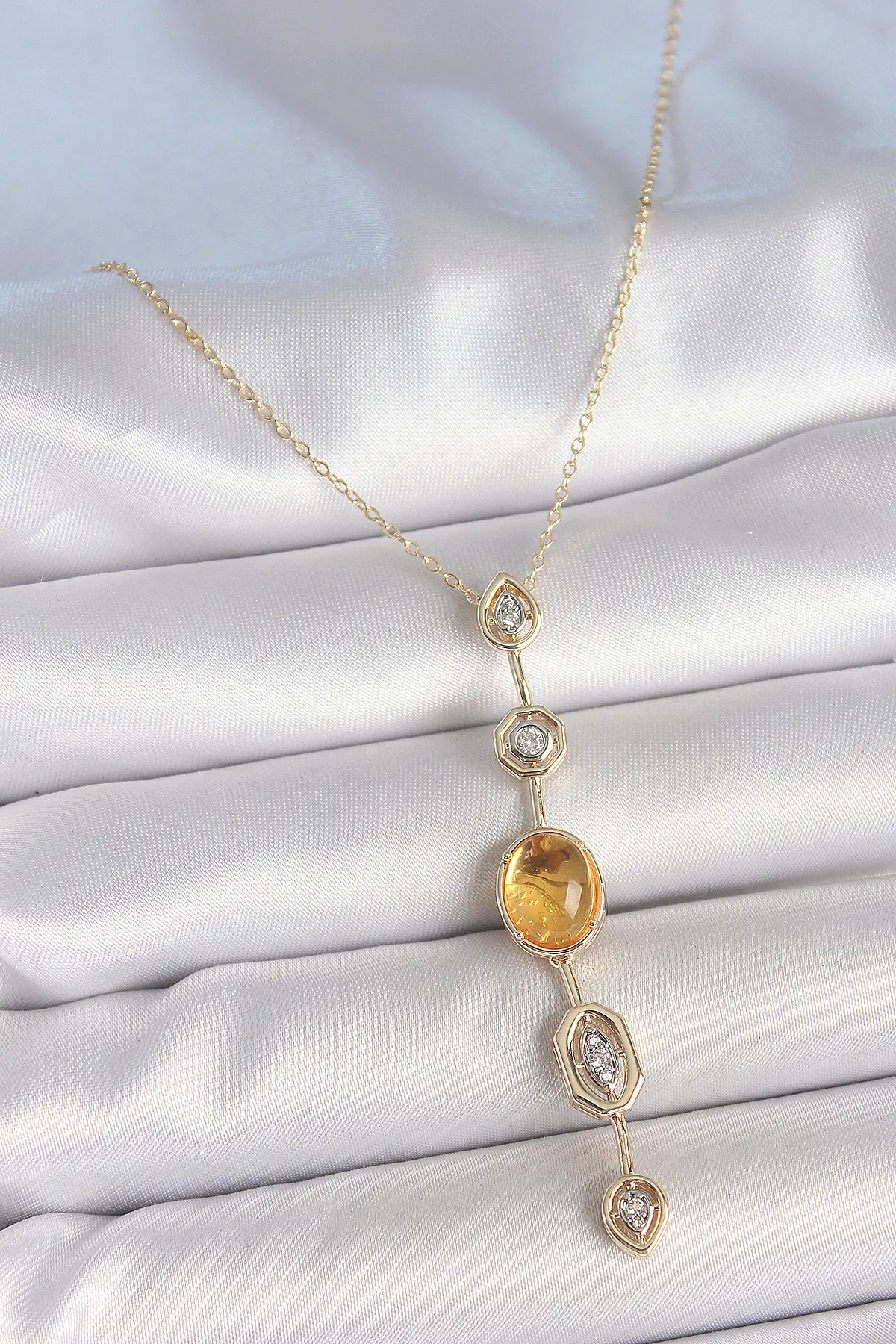 Pirinç Zincir Kehribar Sarı Gold Renk Zirkon Taşlı Y Kolye TJ-BKO10230