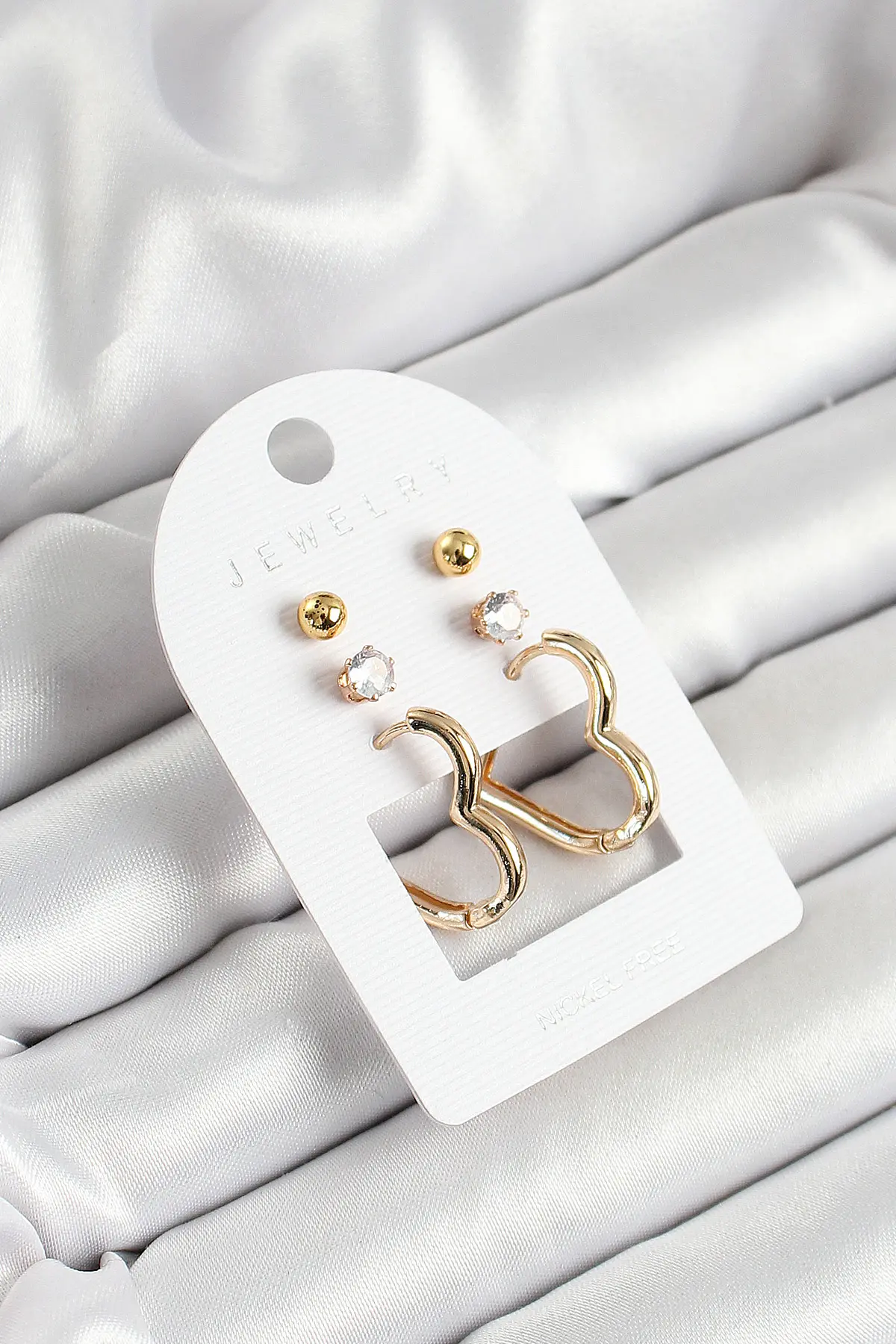 Pirinç Zirkon Taş Ve Kalp Figürlü Gold Renk 3'lü Çift Kadın Küpe Set TJ-BKP10650
