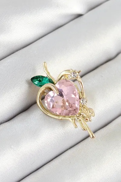 Pembe Ve Yeşil Zirkon Taşlı 3D Eriyen Kalp Figürlü Gold Renk Kadın Broş TJ-BR438
