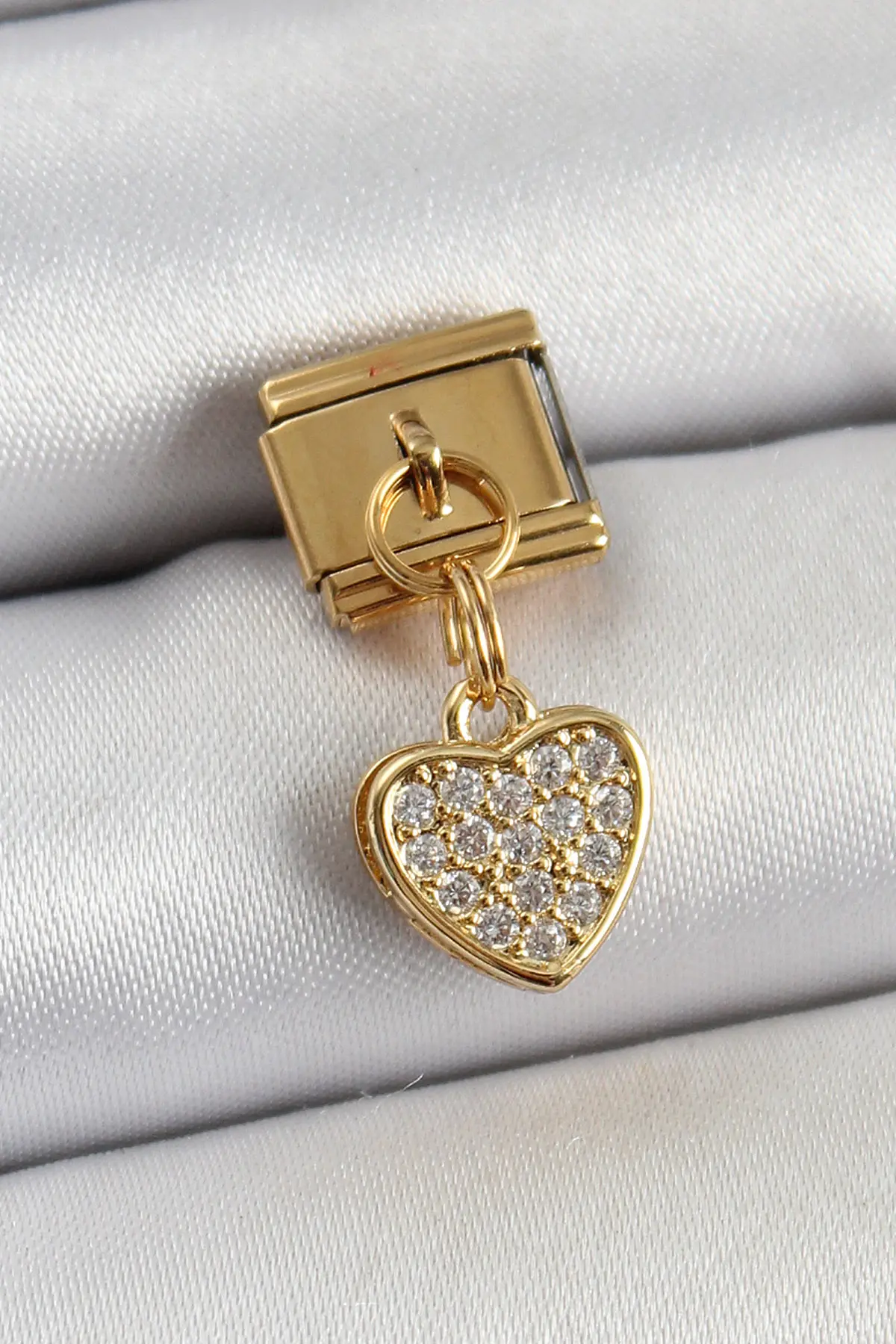 316L Çelik Sallantılı Zirkon Taşlı Kalp Model Gold Renk Nomination Charm TJ-BC1401