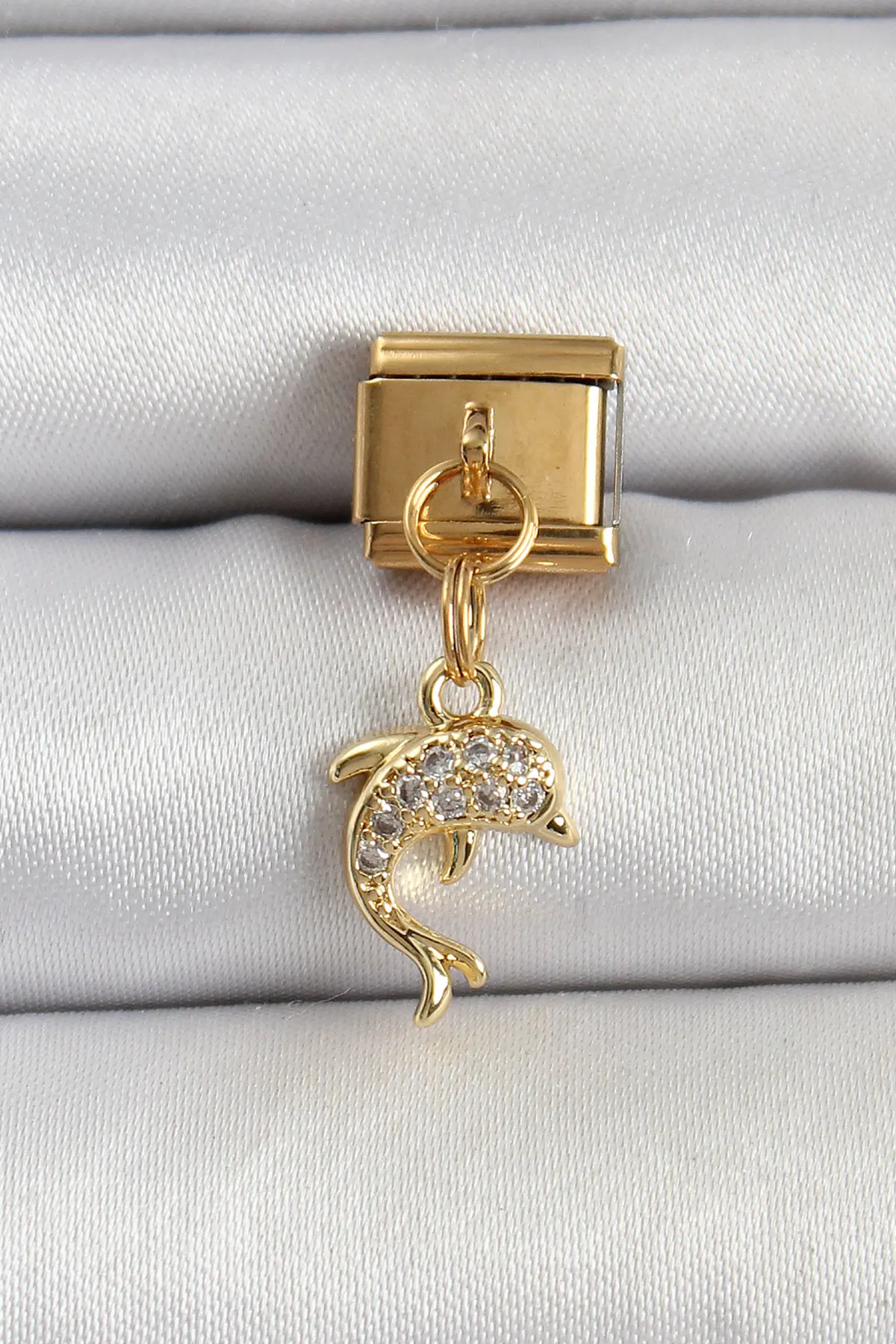 316L Çelik Sallantılı Zirkon Taşlı Yunus Balığı Model Gold Renk Nomination Charm TJ-BC1407