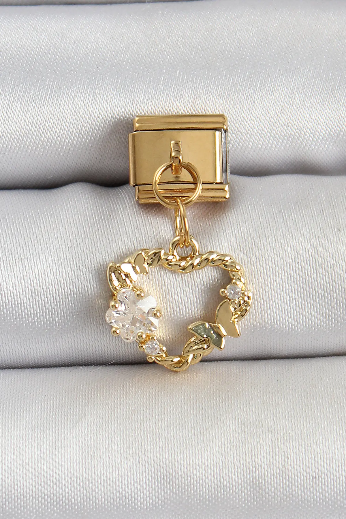 316L Çelik Sallantılı Zirkon Taşlı Kalp Model Gold Renk Nomination Charm TJ-BC1409