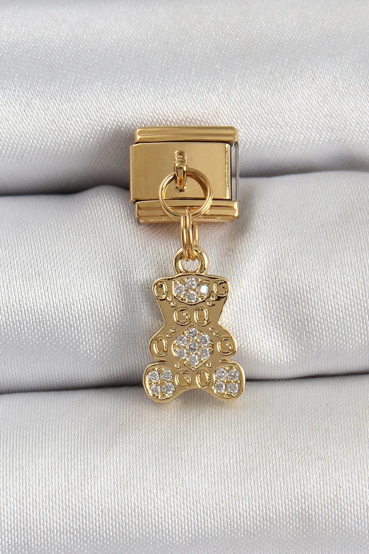 316L Çelik Sallantılı Zirkon Taşlı Ayıcık Model Gold Renk Nomination Charm TJ-BC1413