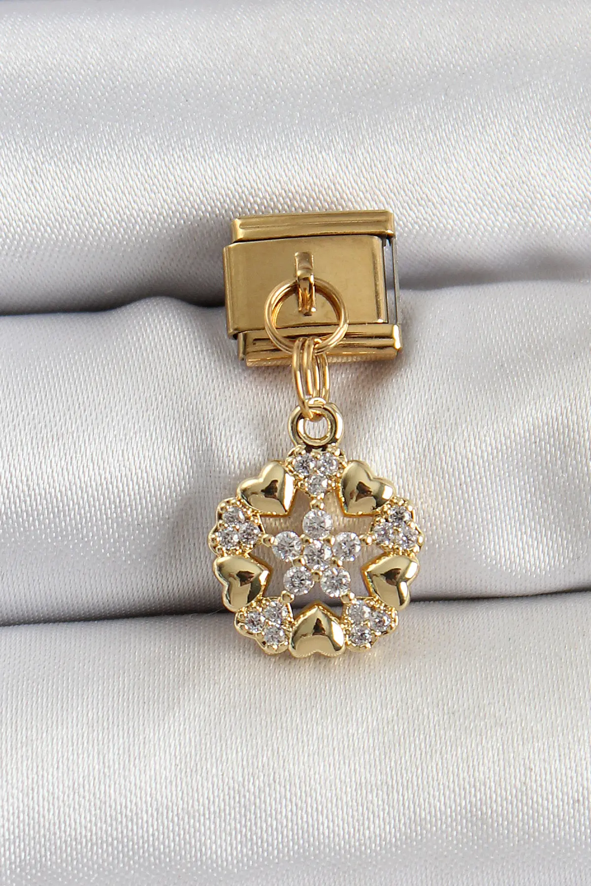 316L Çelik Sallantılı Zirkon Taşlı Kalp Detaylı Yıldz Model Gold Renk Nomination Charm TJ-BC1415