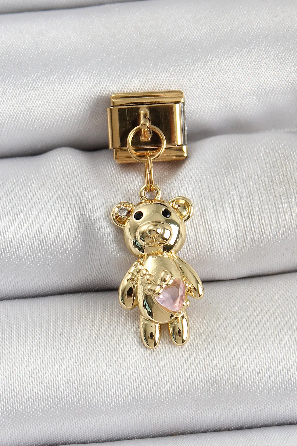 316L Çelik Sallantılı Zirkon Taşlı Ayıcık Model Gold Renk Nomination Charm TJ-BC1421
