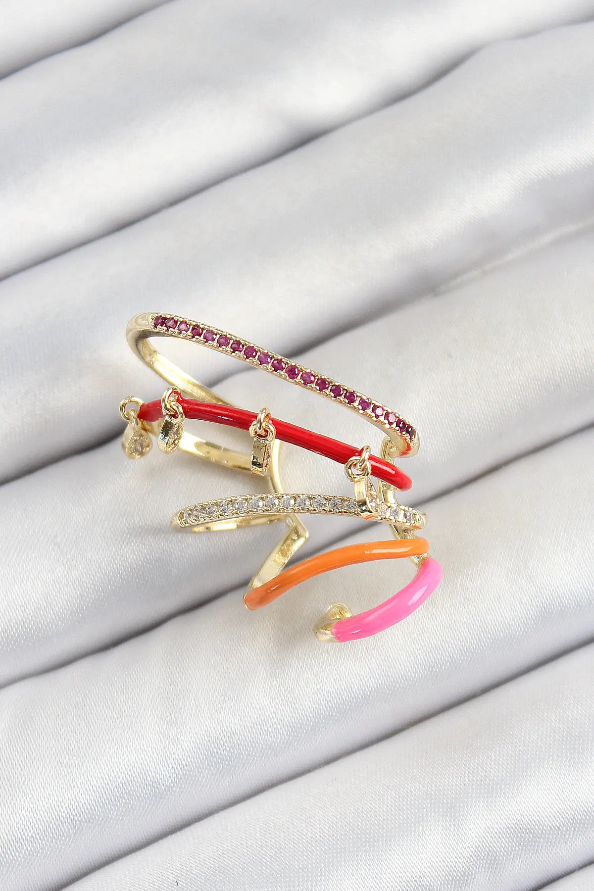 Pirinç Zirkon Taşlı Kırmızı Turuncu Pembe Sıkıştırma Sağ Kıkırdak Gold Renk Kadın Küpe TJ-BKP10755