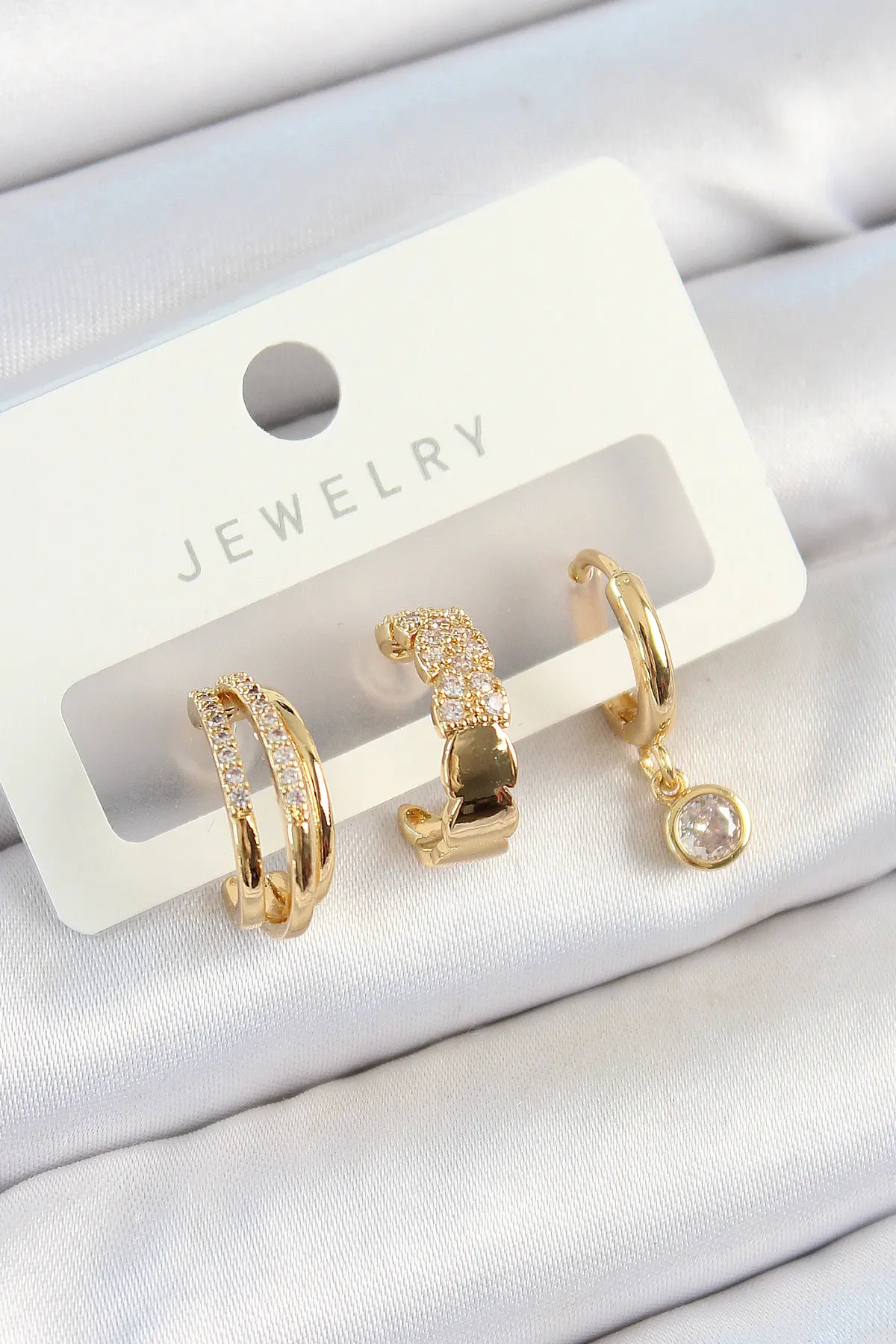 Pirinç Zirkon Taşlı Halka Model Gold Renk 3'lü Çift Kadın Küpe Set TJ-BKP10826