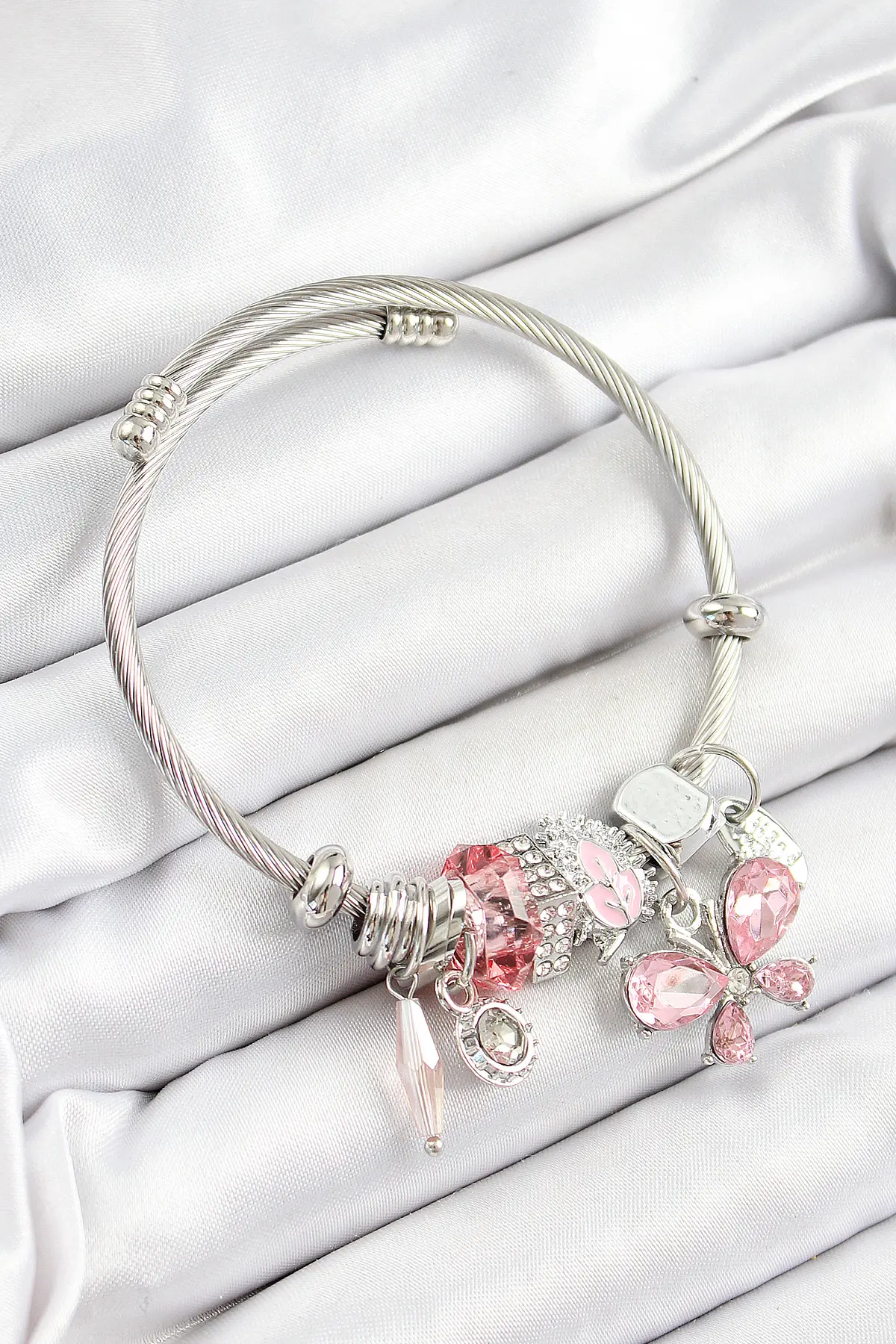 316L Çelik Pembe Zirkon Taşlı Model Gümüş Renk Charm Bileklik - TJ-BB7248