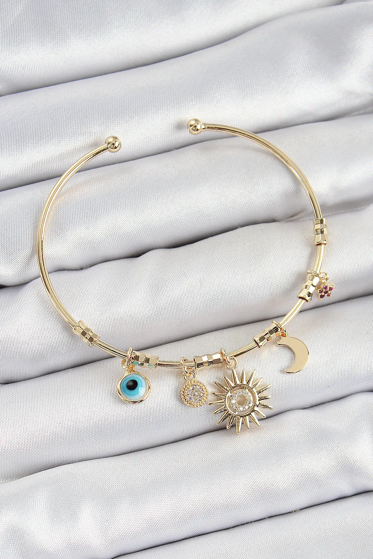 Pirinç Zirkon Taşlı Güneş Ay Nazar Model Gold Renk Charm Bileklik TJ-BB7354